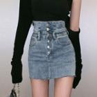 Asymmetric Camisole Top / Cardigan / Washed Denim Pencil Skirt