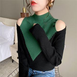 Mock-neck Cold-shoulder Two-tone Sweater