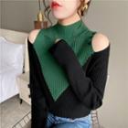 Mock-neck Cold-shoulder Two-tone Sweater