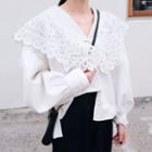 Lace-collar Puff-sleeve Blouse White - One Size