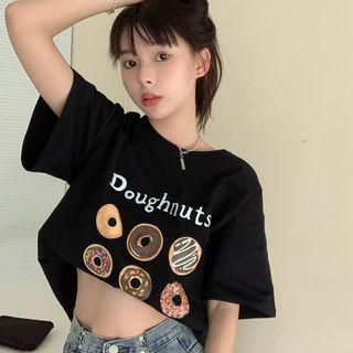 Elbow-sleeve Doughnuts Print T-shirt