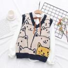 Set: Cat Print Vest + Shirt Vest - Beige & Shirt - White - One Size