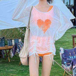 Set: Lettering Tankini Top + Swim Shorts + Heart Print Cover Up