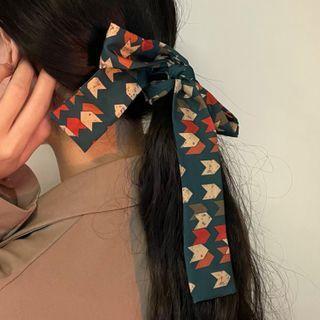 Patterned Narrow Scarf Hair Tie 1616a - Red & Tangerine & Brown & Beige & Blue - One Size