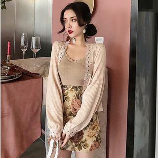 Knit Tank Top / Open-front Light Cardigan / Printed Pencil Skirt