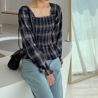Puff Sleeve Square Neck Plaid Blouse Blue - One Size
