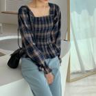 Puff Sleeve Square Neck Plaid Blouse Blue - One Size