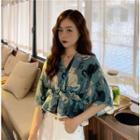 Bell-sleeve Cat Printed V-neck Shirt As Shown In Figure - One Size