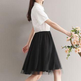 Mesh Hem Short Sleeve Collared Dress