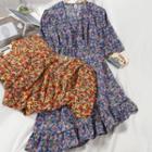Floral Print Asymmetric Hem Short-sleeve Mini A-line Dress