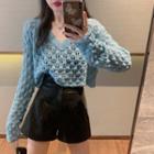 V-neck Pointelle Knit Sweater / Faux Leather Shorts