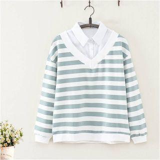 Mock Two Piece Collared Striped Pullover