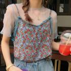 Set: Short-sleeve Mesh Top + Floral Print Lace Trim Camisole Top