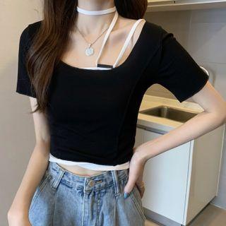 Set: Short-sleeve Crop Top + Camisole Top