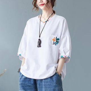 Puff-sleeve Flower Embroidered T-shirt