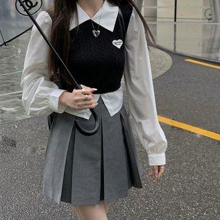 Long-sleeve Mock Two-piece Top / Pleated A-line Mini Skirt