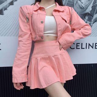 Set: One-shoulder Cut-out Plain Cropped Knit Top / Long-sleeve Plain Zip Cropped Jacket / High-waist Plain Pleated Skirt