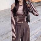 Long-sleeve Cold Shoulder Striped Crop Top