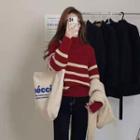 Mock-neck Striped Sweater / Straight Leg Jeans / Set