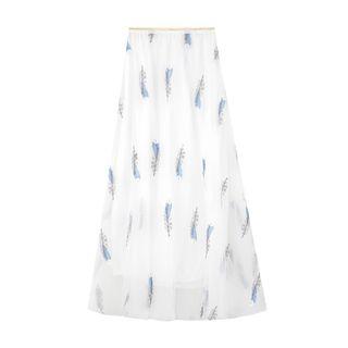 Embroidered Mesh A-line Midi Skirt