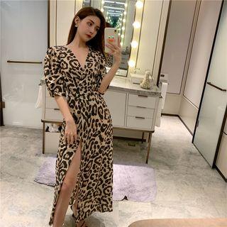 Slit-side Short-sleeve Leopard Midi Dress Leopard - One Size