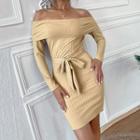 Long-sleeve Off-shoulder Tie-waist Knit Mini Bodycon Dress
