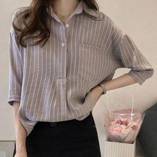 Half-placket Striped Elbow-sleeve Shirt