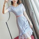 Short-sleeve Lace Ruffle Trim Midi A-line Dress