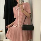 Elbow-sleeve Collar Accordion Pleat Mini Dress Pink - One Size