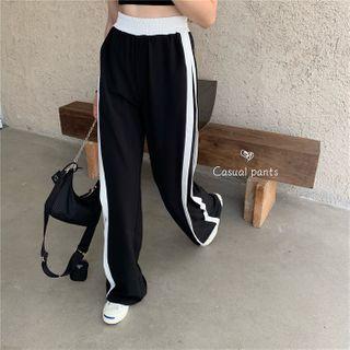 Contrast Trim Straight-cut Pants Black & White - One Size