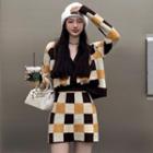 Checkerboard Cropped Cardigan / Knit Mini Pencil Skirt