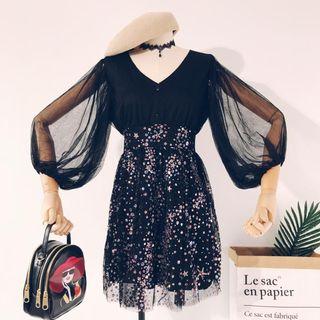 3/4-sleeve Sheer Panel Mock Two Piece Dress