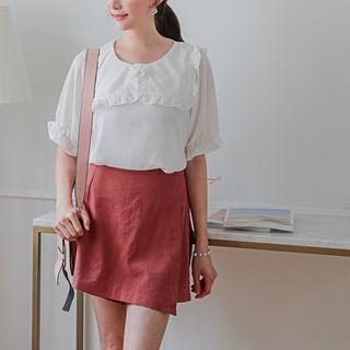 Lettering Wide-collar Frilled Chiffon Top