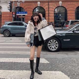 Color-block Hooded Furry Jacket