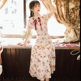 Mandarin Collar Short-sleeve Floral Midi A-line Dress