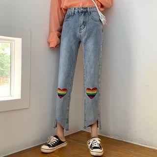Heart Print Embroidered Straight Cut Pants