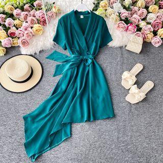 Tied-waist V-neck Dress