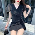 Glitter Short-sleeve Mini A-line Dress Black - One Size