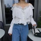 Off-shoulder Ruffle Trim Long-sleeve Top White - One Size