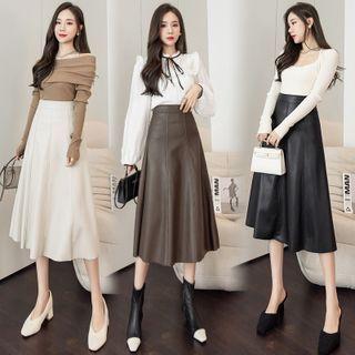 Faux Leather Long A-line Skirt