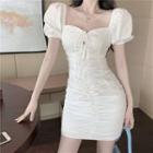 Puff-sleeve Ruched Lace-up Dress