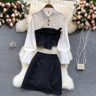 Set Of 2 : Mock Two-piece Color Block Panel Long-sleeve Shirt + Striped A-line Skirt