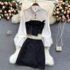 Set Of 2 : Mock Two-piece Color Block Panel Long-sleeve Shirt + Striped A-line Skirt