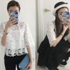 Elbow-sleeve Scallop-hem Lace Top