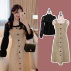 Lace Long-sleeve See-through Top / Plain Slim-fit Sleeveless Dress