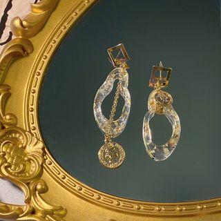 Embossed Alloy Disc Irregular Resin Asymmetrical Dangle Earring 1 Pair - S925 Silver - Gold - One Size