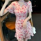 Short-sleeve V-neck Floral Shirred Drawstring Chiffon Mermaid Dress