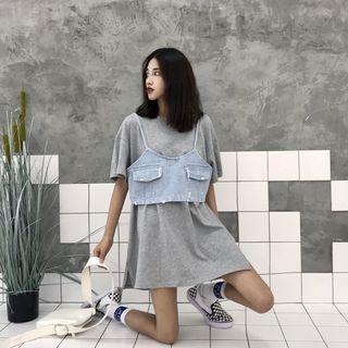 Set: Plain Loose-fit Short-sleeve T-shirt + Denim Camisole Top