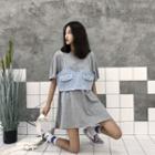 Set: Plain Loose-fit Short-sleeve T-shirt + Denim Camisole Top