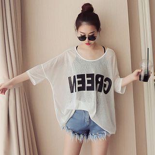 Set: Plain Camisole Top + Lettering 3/4-sleeve Top